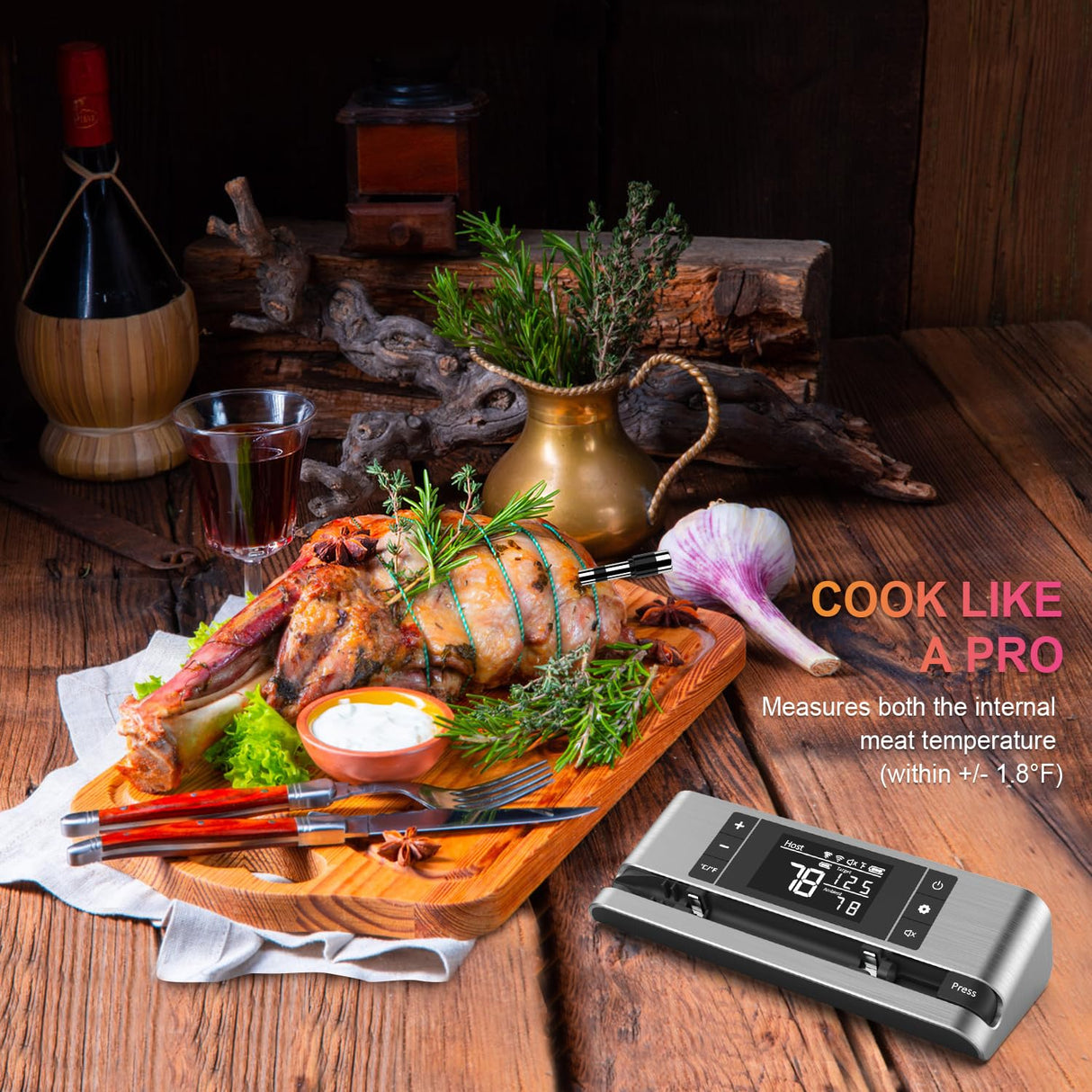 Wireless Smart Meat Thermometer with Dual-Sensor Probe, 500FT Remote Monitoring, Dedicated App, Real-Time Ambient and Food Temperature Tracking for Precise Cooking Control Dewjom