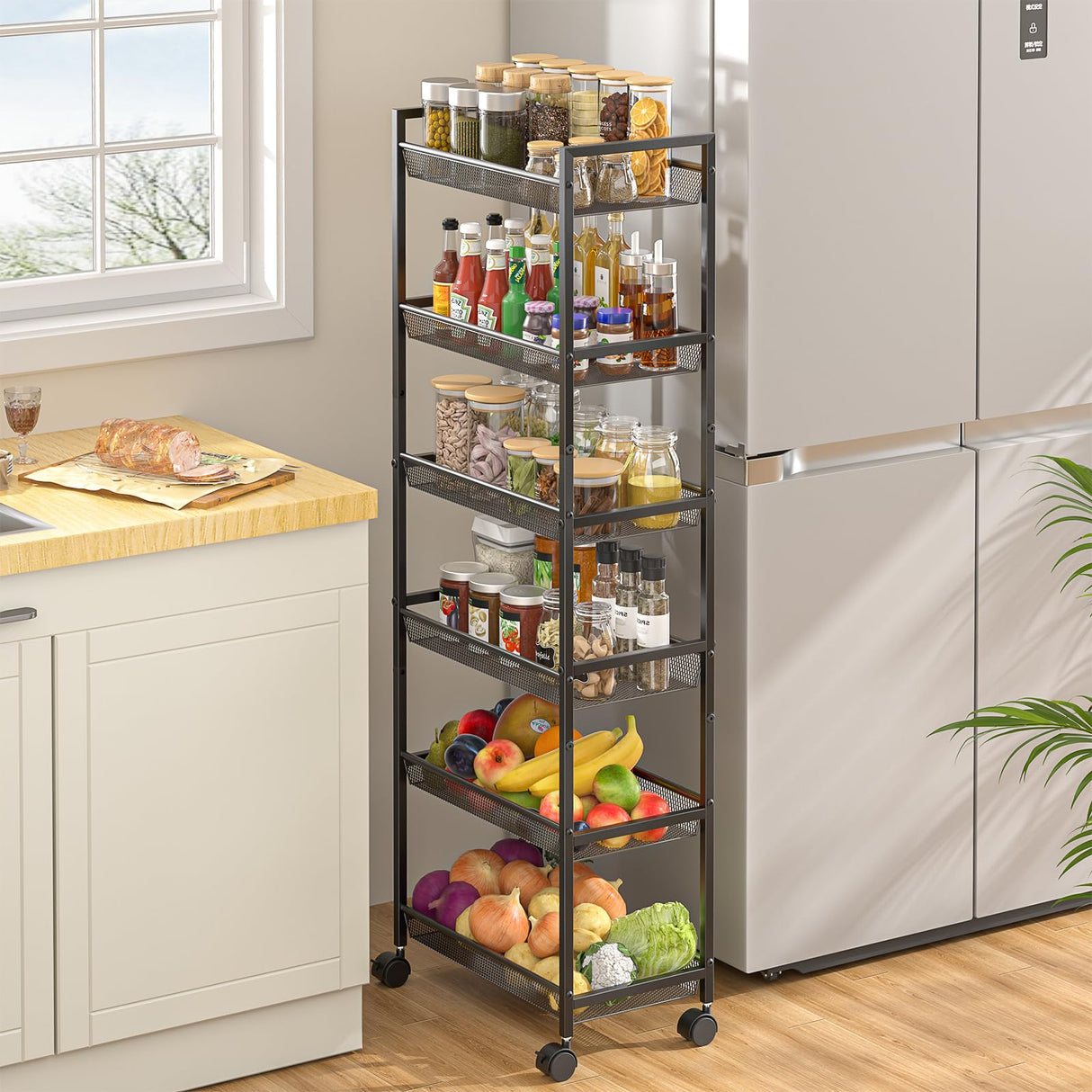 6 Tier Slim Rolling Storage Cart, Narrow Mobile Shelving Unit Organizer Utility Cart with Wheels, Metal Wire Storage Rack with Baskets for Kitchen, Bathroom, Laundry & Living Room, 10in(W) ThreeHio