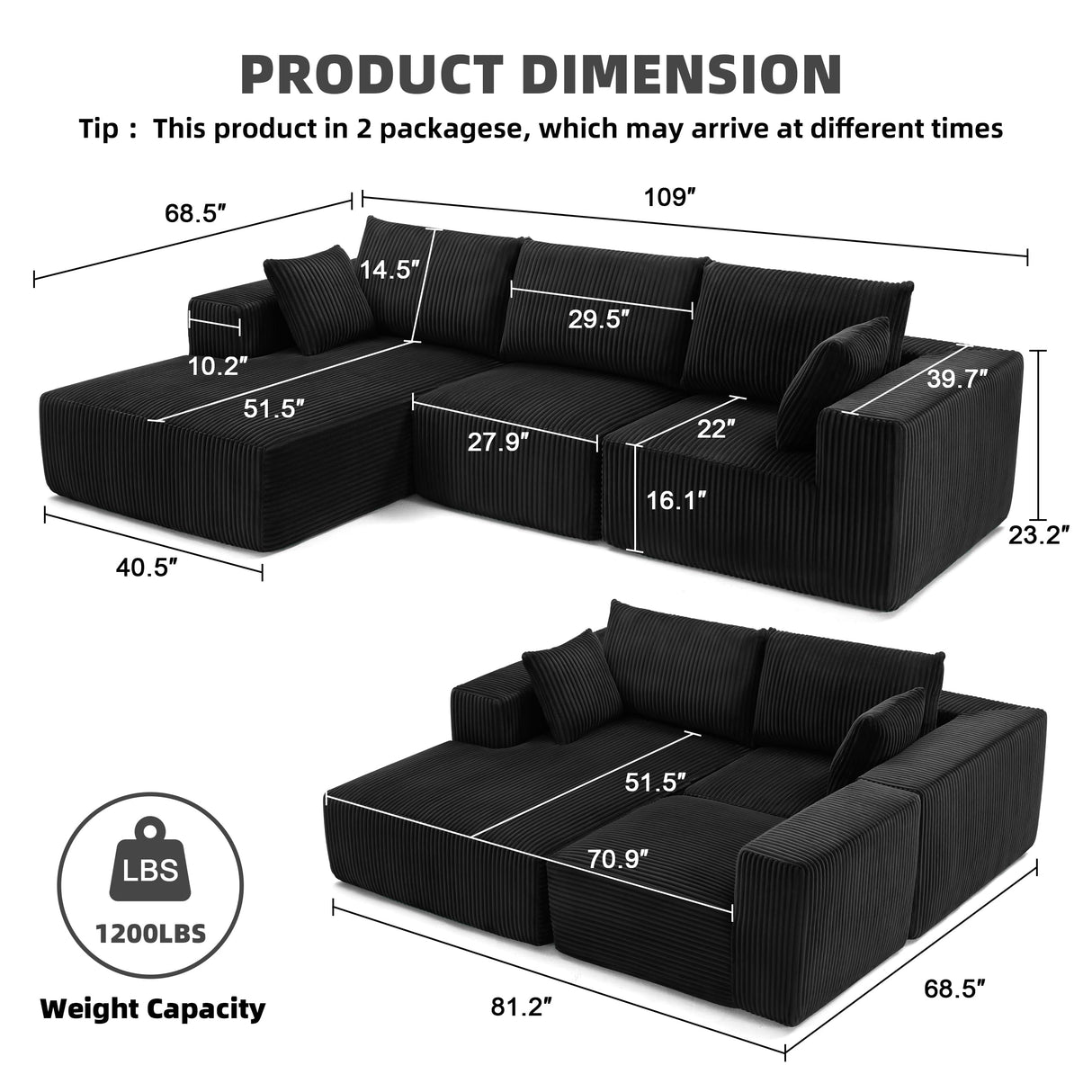 108” Modular Sectional Sofa, Cloud Sectional Couch with Deep Seat, Modern Modular L-Shape Sofa Couch with Chaise,Upholstered Couches for Living Room Bedroom (Black, Left Facing Chaise) Weture
