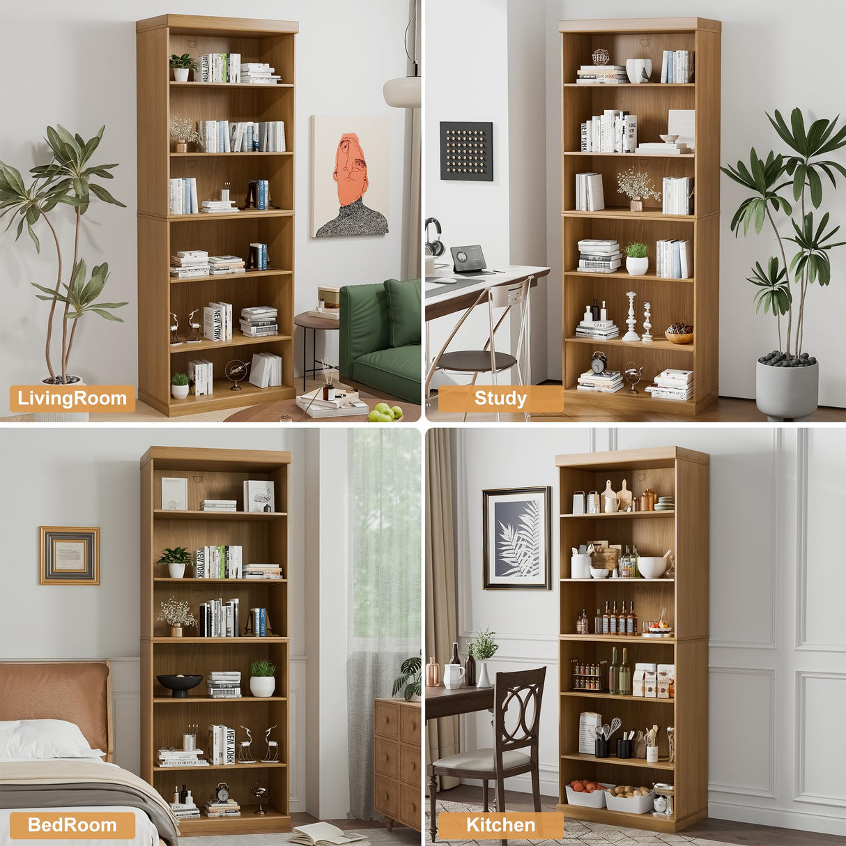 Casaphoria 82" H Wooden Bookcase, Heavy Duty Bookshelves, 6-Tier Wide Bookshelf with Large Storage Space for Home Office, 82" H x 31" W x 16" D, 130Lb, Oak Casaphoria