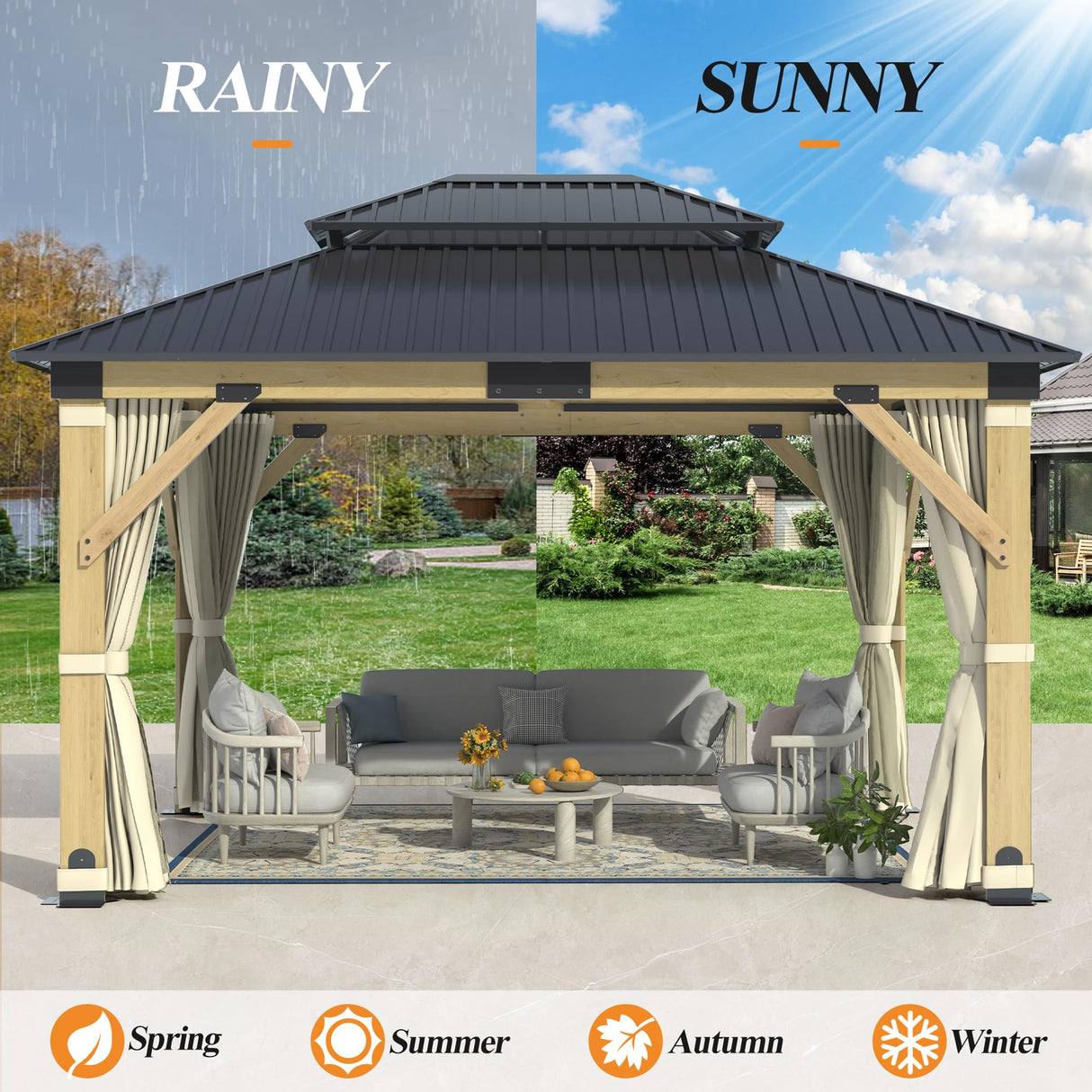 GARTOO 11’x13’ Patio Wooden Gazebo, Galvanized Steel Roof Gazebo & Privacy Curtains and Netting, Double Vented Roof Hardtop Gazebo for Garden, Porch, Lawn, Poolside, Backyard, Deck GARTOO