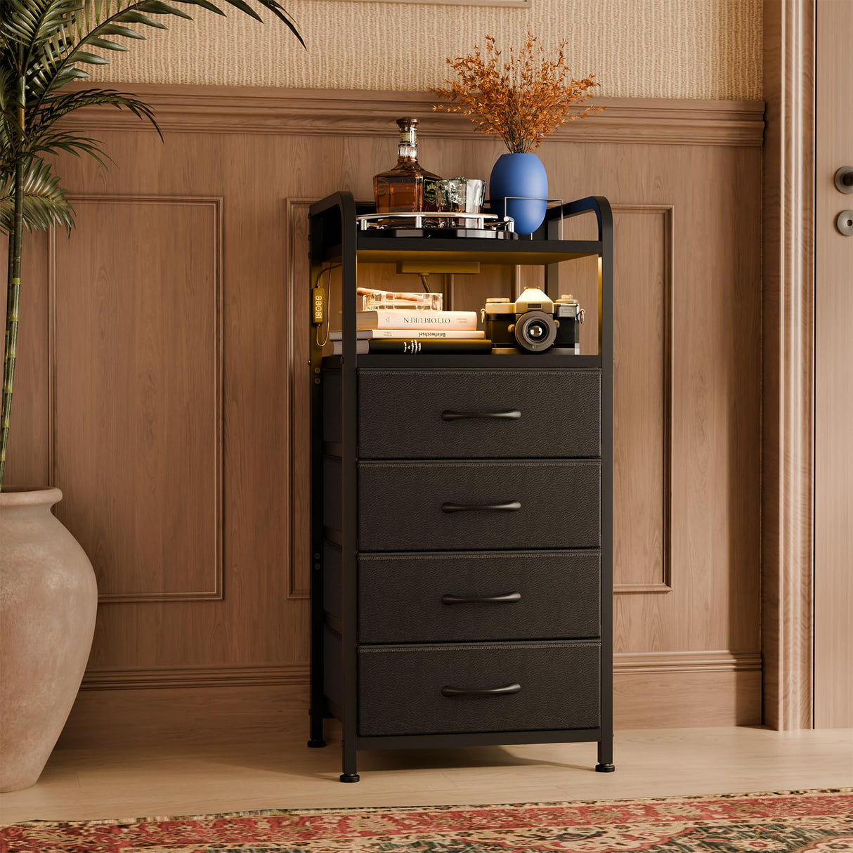 Fixwal Black Night Stand with Charging Station, Tall LED Nightstand with 4 Fabric Drawers, Bedside Table for Bedroom Fixwal