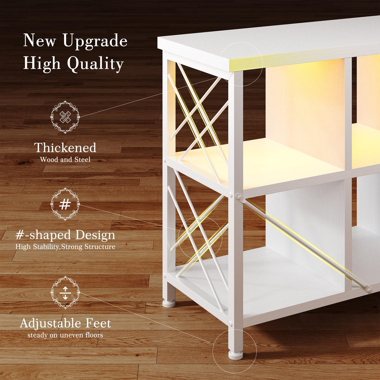 DurayLoly 6 Cube Storage Organizer with LED Light and Charging Station, Wood and Metal Cube Shelf, White Horizontal Book Shelf for Bedroom, Home Office DurayLoly