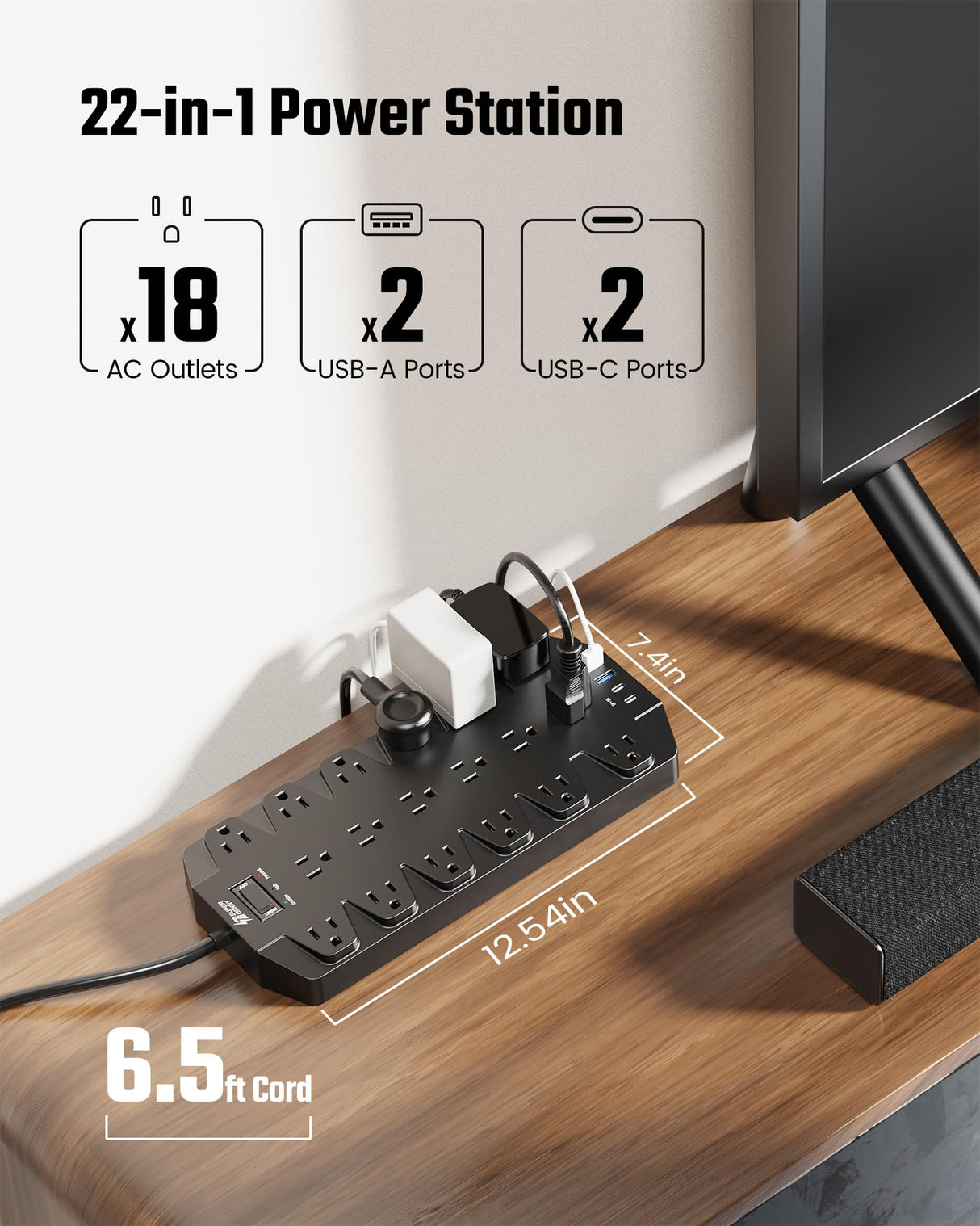 Surge Protector Power Strip, SUPERDANNY 18 AC Outlets with 4 USB Ports, 1875W/15A, 2100J, 6.5FT Flat Plug Heavy Duty Extension Cord with Wall Mount Holes for Home, Office, Gaming Room,Dorm, Black SUPERDANNY