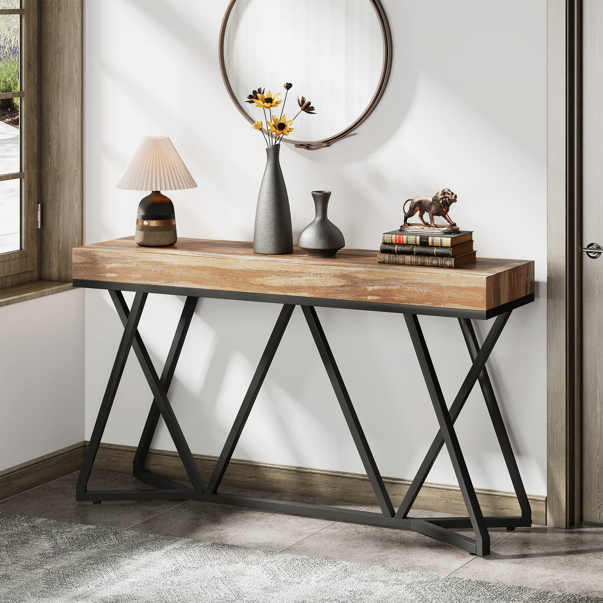 Tribesigns 55 Inches Console Table, Farmhouse Sofa Table Wood Entryway Table with Unique Metal Base, Behind The Couch Table Foyer Table, Industrial Accent Table for Hallway, Living Room, Entrance Tribesigns