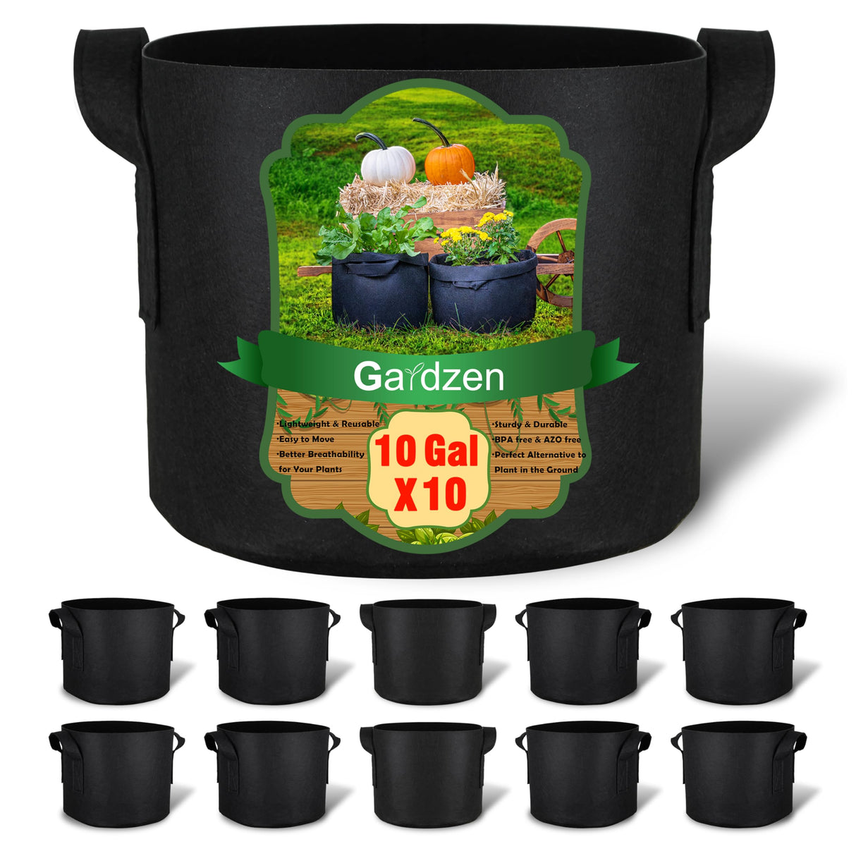 Gardzen 10-Pack 10 Gallon Grow Bags, 300G Thickened Aeration Fabric Pots with Handles, Heavy Duty Cloth Pots for Plants Gardzen