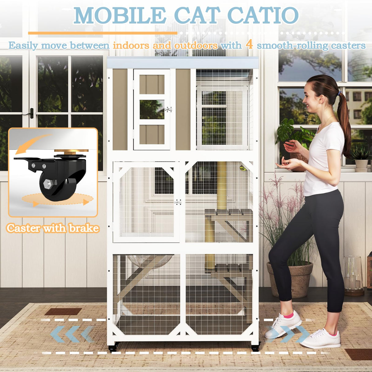 Ketive 64" Large Wooden Catio Outdoor Cat Enclosure, Window Cat House with Wheels & 3 Platforms, Kitty Cage with Weatherproof Roof for Multiple Cats (Gray) ketive