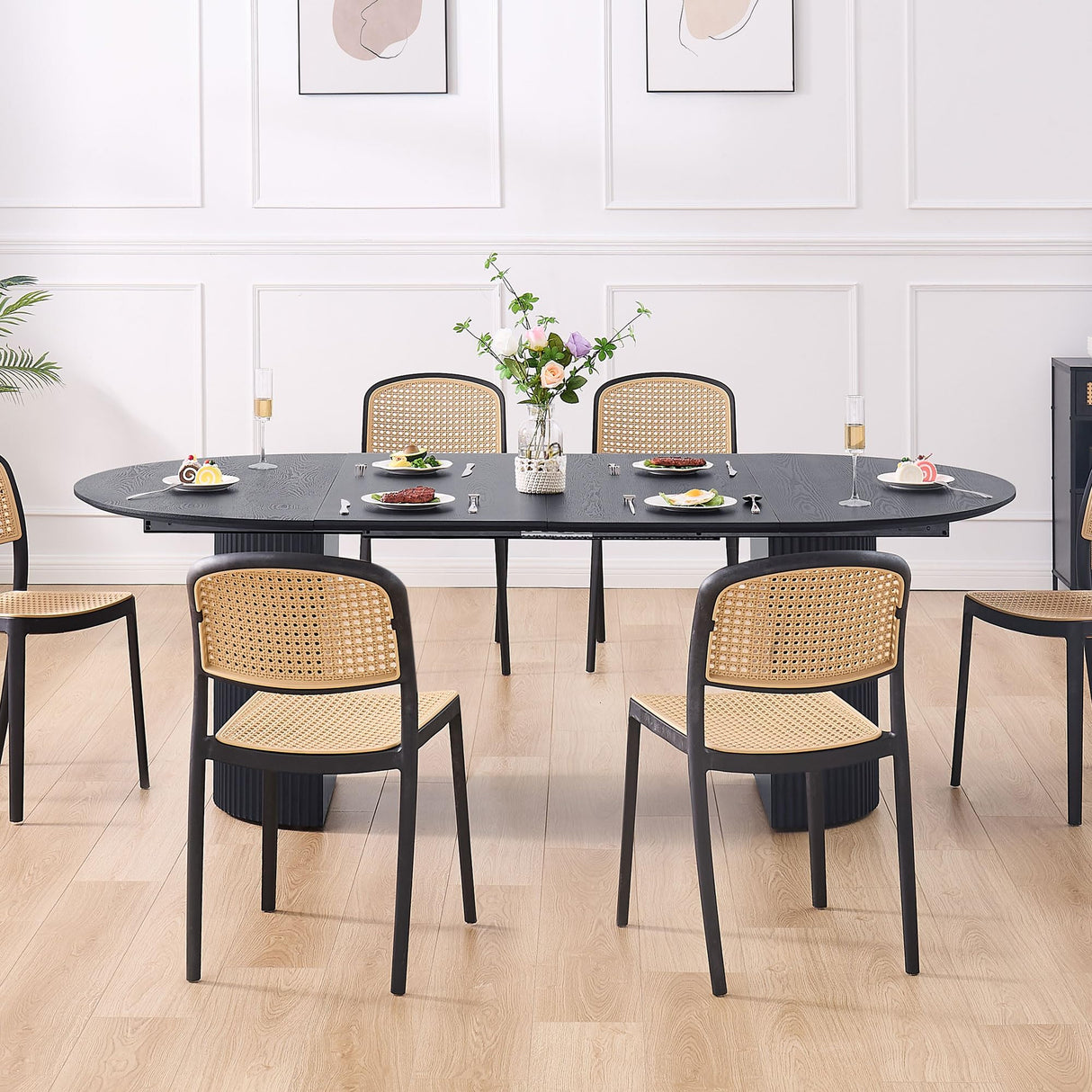 Dining Table, 86.61" to 47.24" Expandable Table for 4 to 8, Modern Extendable Kitchen Table, Round to Large Oval Solid Wood Table Furniture for Dining Room Kitchen Leisure Living Room Apartment, Black HanStrong