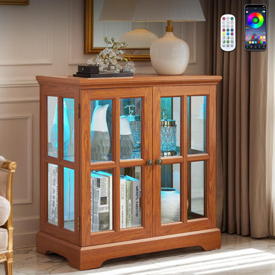 Eyisean 32"H Small Curio Cabinet with 7 Color Lights for Collectibles, Smartphone-Controlled, LED Glass Display Cabinet with Tempered Glass Doors and Adjustable Shelves, China Cabinet for Living Room
