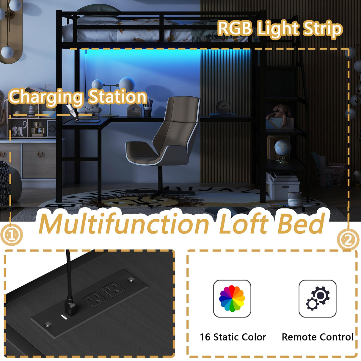 Full Size Loft Bed with Desk and Storage Shelf, Full Size Loft Bed with Stairs and Wardrobe, Full Loft Bed with Charging Station and RGB LED Light, Metal Loft Bed for Adults, Teens, Kids(Black Full) Bellemave