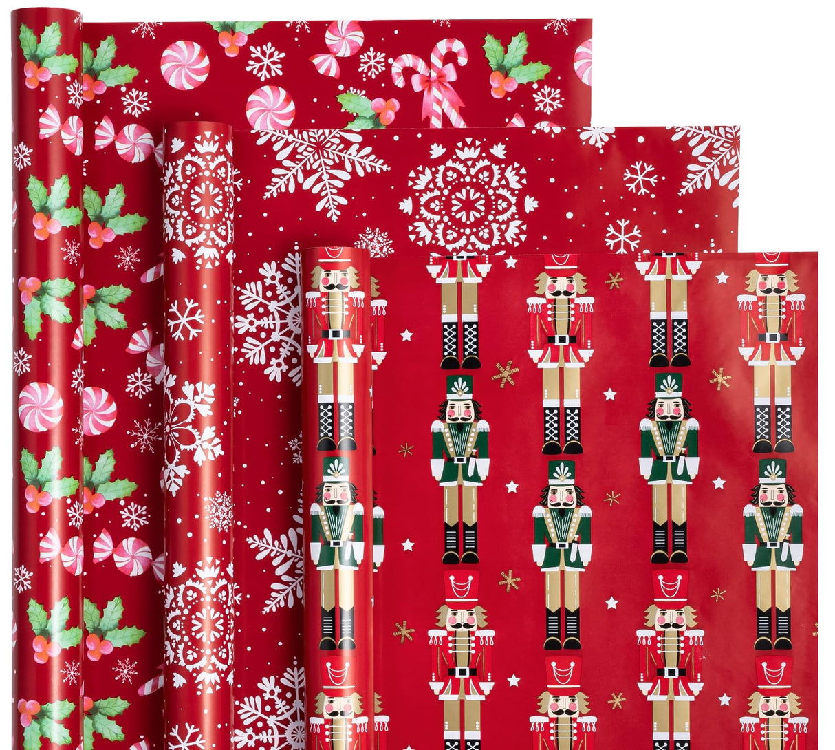 WRAPAHOLIC Christmas Wrapping Paper Roll - Mini Roll - 3 Rolls - 17 Inch x 120 Inch Per Roll - Red Nutcracker, Snowflake, Candy cane and Holly Holiday Collection WRAPAHOLIC