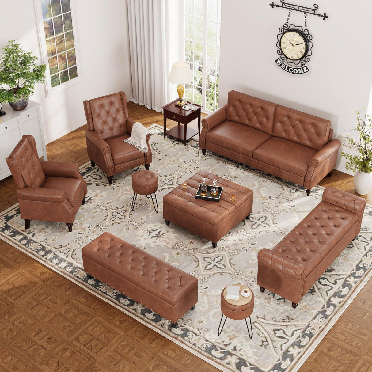 FiveWillowise Brown Couch, 73-inch Sofa Couch, Faux Leather Couch, Office Couch with Wooden Legs, Vintage Couch with Rolled Armrests, Mid Century Modern Couch for Living Room Small Apartment FiveWillowise