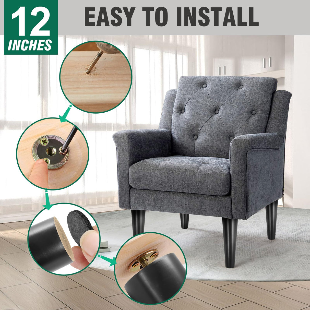 FoDau770 Black Rubber Wood Furniture Legs 12 Inch, Straight Tapered Wood Legs Mid Century Sofa Legs Set of 4, 5/16" UNC Furniture Feet Replacement Legs for Cabinet Sofa Couch Dresser Chair Ottoman FoDau770