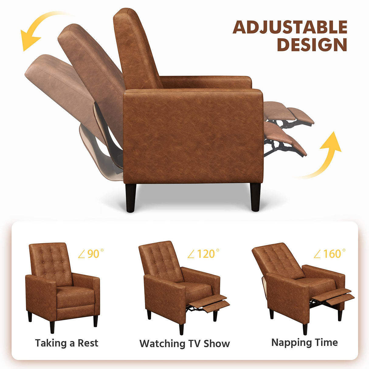 Yaheetech Faux Leather Recliner Sofa Mid-Century Modern Single Reclining Chair Adjustable Back & Footrest Tufted Upholstered Sofa with Pocket Spring Living Room Bedroom Home Theater Brown Yaheetech
