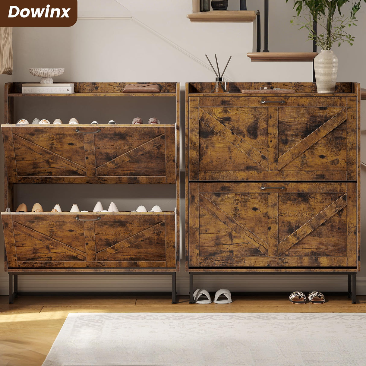 Dowinx Shoe Cabinet Storage with 2 Flip Drawers, Freestanding Shoe Organier Cabinet with Metal Legs, Farmhouse Narrow Shoe Stroage Cabinet Hidden for Entryway Hallway, Rustic Brown Dowinx