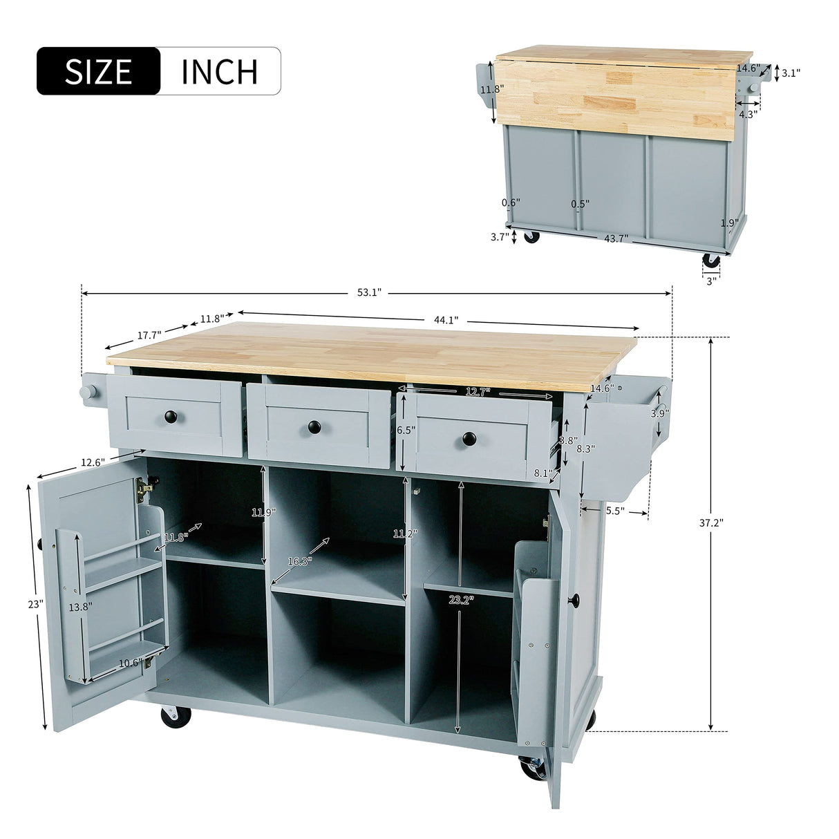 LUMISOL Kitchen Island with Drop Leaf, Wood kitchen island on Wheel with Internal Storage Racks (Gray Blue,53.1" D) LUMISOL