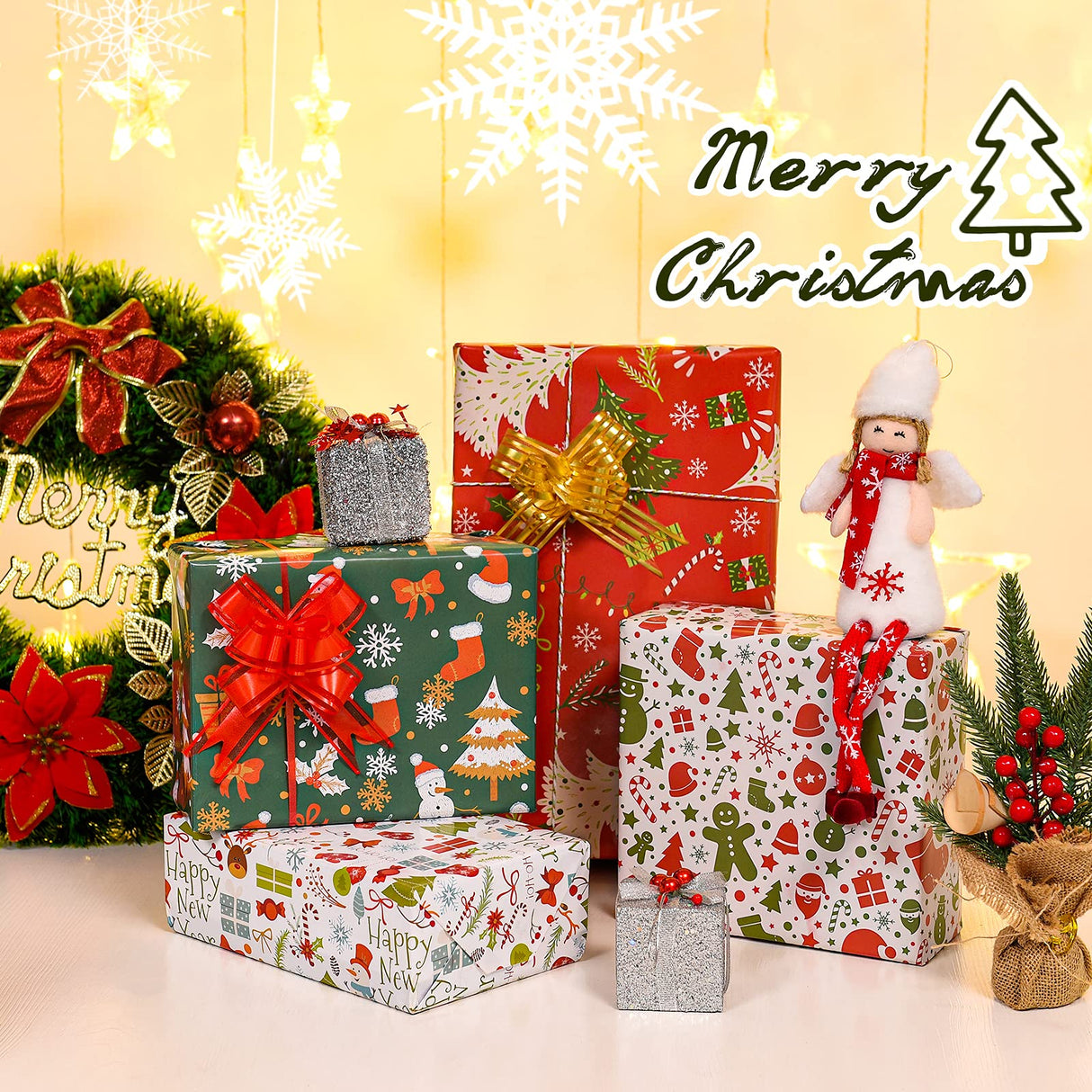 PlandRichW Christmas Wrapping Paper Folded for Kids Boys Girls Man Women Gift's. Papercraft Snowmen, Candy Canes, Tree, Socks, Snowflakes, Happy New Year Bulk of 12 Sheets 20"x 29" Folded PlandRichW