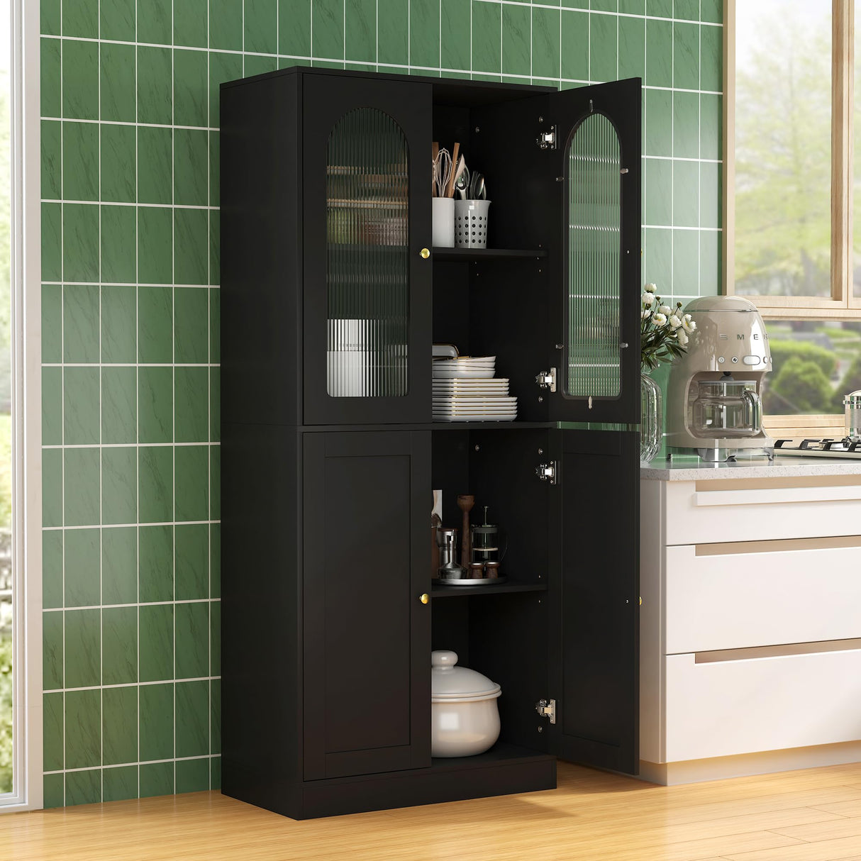 BOMETAO 71" Tall Kitchen Pantry Cabinet, Kitchen Storage Cabinet with Glass Doors and Adjustable Shelves, Wood Food Pantry Cabinet, Freestanding Cupboard for Kitchen, Dining Room, Black BOMETAO