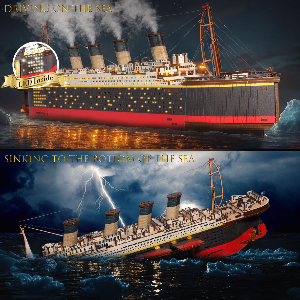 Titanic Model 3D Wooden Puzzles for Adults, Titanic Model Kit Set, Titanic Toys for Adults Teens with LED Light, Dance Hall, Lounge, Home Decor, Birthday, Christmas Fuiltee