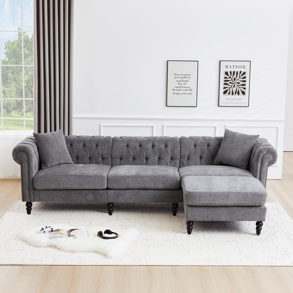 AVZEAR Chesterfield L Shaped Sofa Modular, Sectional Linen Fabric Couch with Ottoman and Pillow, Modern Bed Deep Seat Sofa Living Room Furniture Sets for Living Room, Bedroom and Apartment, Grey AVZEAR