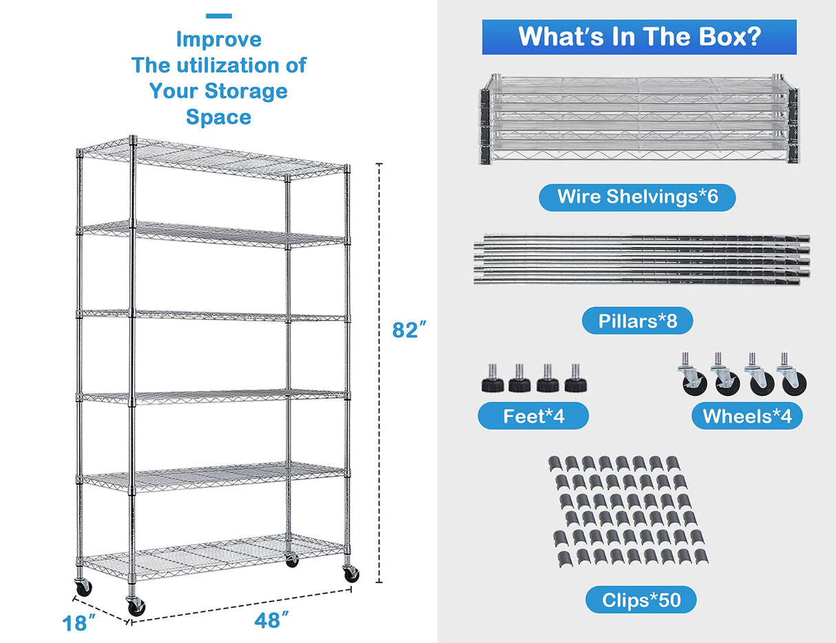 6 Tier Metal Shelving, 18" D x 48" W x 82" H Storage Rack, Wire Shelf, Height Adjustable, Wire Rack Shelving, Maximum Load Bearing 2100lbs, Metal Storage Shelves for Kitchen Garage Warehouse, Chrome MKDLUFEI