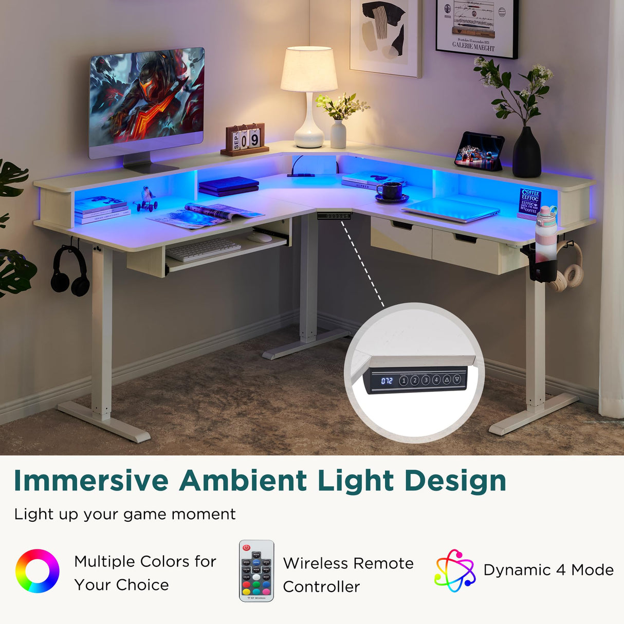 RedLemon 60 Inches L Shaped Electric Standing Desk, Height Adjustable Corner Gaming Desk with Drawers, Keyboard Tray, Power Outlets & LED Lights, Comnputer Desk with Monitor Shelf, Antique White RedLemon