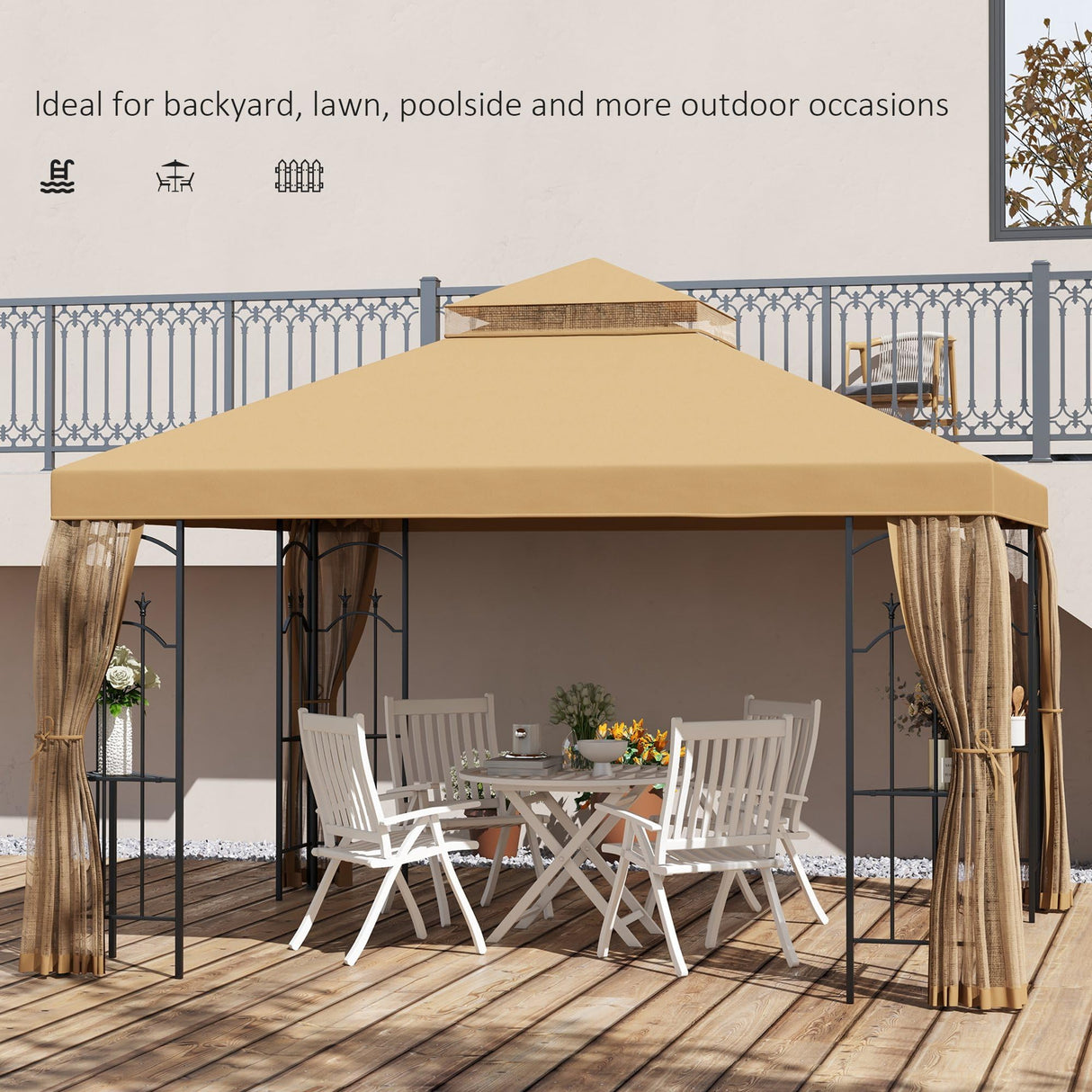 Outsunny 10' x 12' Patio Gazebo with Corner Frame Shelves, Double Roof Outdoor Gazebo Canopy Shelter with Netting for Patio, Wedding, Catering & Events, Brown Outsunny