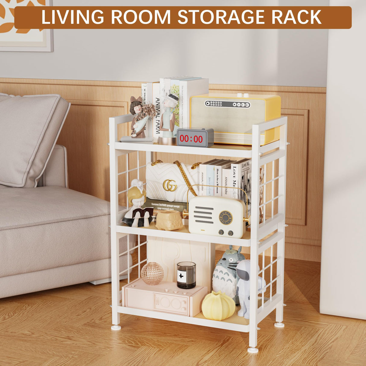 GIOTORENT 3-Tier Pantry Shelves with Wooden Boards, Heavy Duty Storage Shelves & Book Shelf, Adjustable Metal Shelving Unit for Kitchen Bathroom Laundry Organizer, Sturdy Rust-Resistant, White GIOTORENT