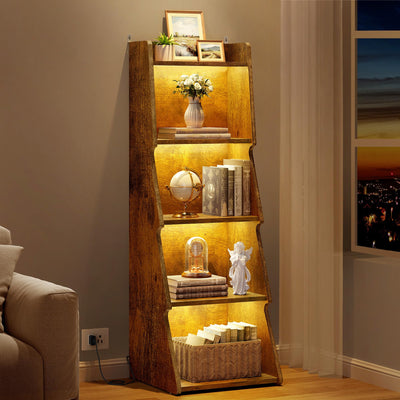 Hoctieon 5-Tier Open Bookcase and Bookshelf with LED Light, Floor Standing Display Storage Shelves, Wood Modern Display Organizer for Home Office, Living Room, Bedroom, Study, Rustic Brown