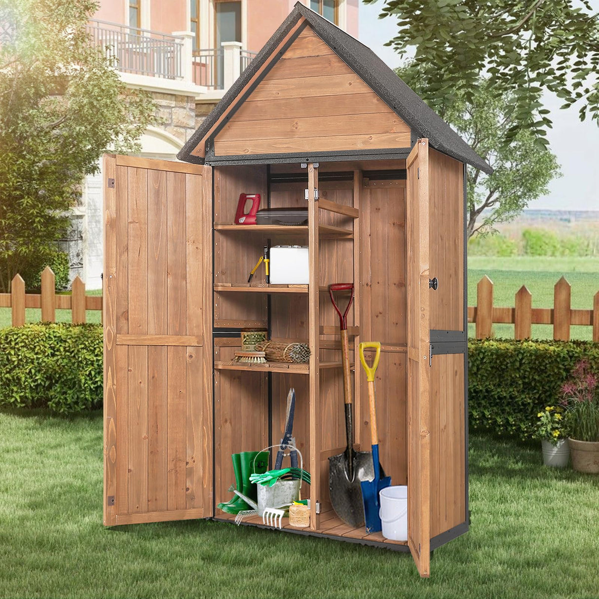 GUTINNEEN Outdoor Storage Shed with All Around Strong Metal Frame, Garden Tool Sheds Cabinet with Floor & Adjustable Shelves, Wooden Tool House for Backyard Garden Patio Lawn (Brown) GUTINNEEN