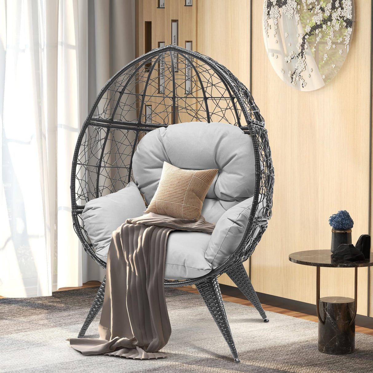 DWVO Egg Chair Patio Rattan Chair with Stand Anti-Slip All-Weather Poratble Adjustable Chair Feet Wicker Egg Lounger Chair for Indoor Outdoor 330LBS (Grey) DWVO