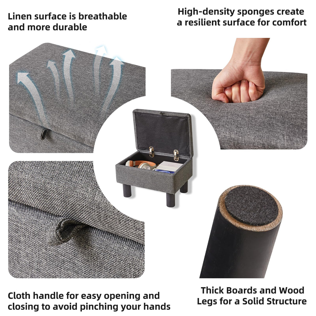 Aibiju Linen Small Ottoman Foot Rest, Foot Stools with Storage Small, Upholstered Rectangle Wood Ottoman with Safety Hinge Flip Top, Bed Stool for Bedroom Dorm Light Gray YD-JD1364 Aibiju