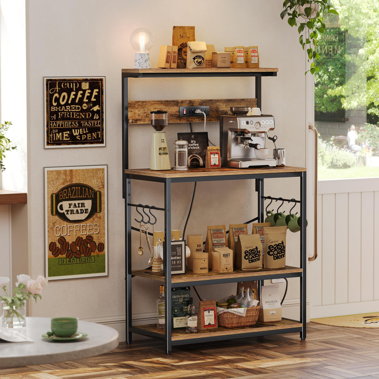 SUPERJARE Bakers Rack with Power Outlets, Microwave Stand, 31.5 X 16.5 Inch Larger Desktop, Kitchen Storage Rack with Adjustable Middle Shelf, 6 S-Shaped Hooks, Coffee Bar Stand, Rustic Brown SUPERJARE