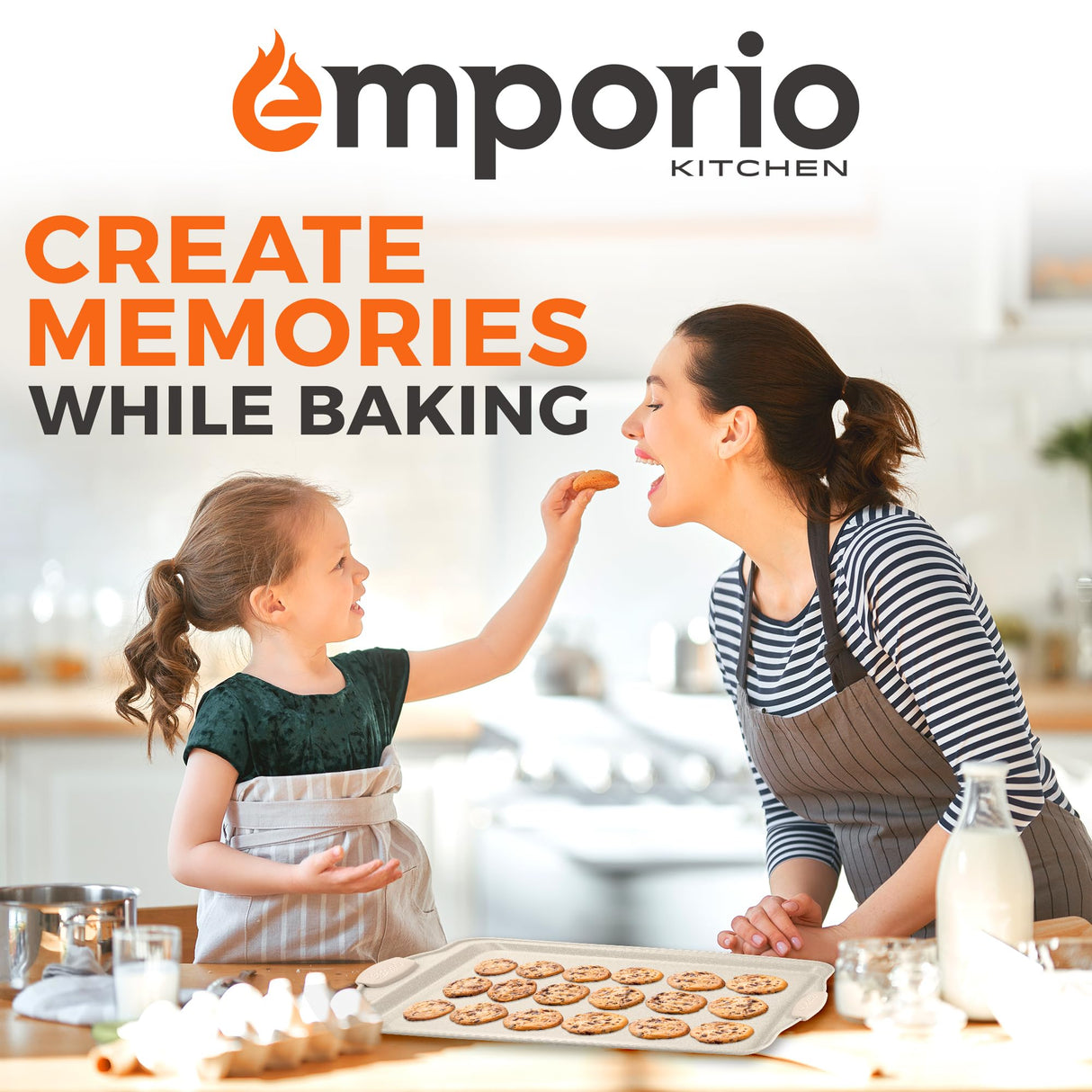 Emporio Kitchen Baking Pan Set - Nonstick Coating, Carbon Steel Bakeware Set with White Silicone Handle, PFOA, PFOS, PTFE Free, Recipe Booklet Included, Oven Safe Tray (Up To 450° F) Set of 25 - White Emporio Kitchen