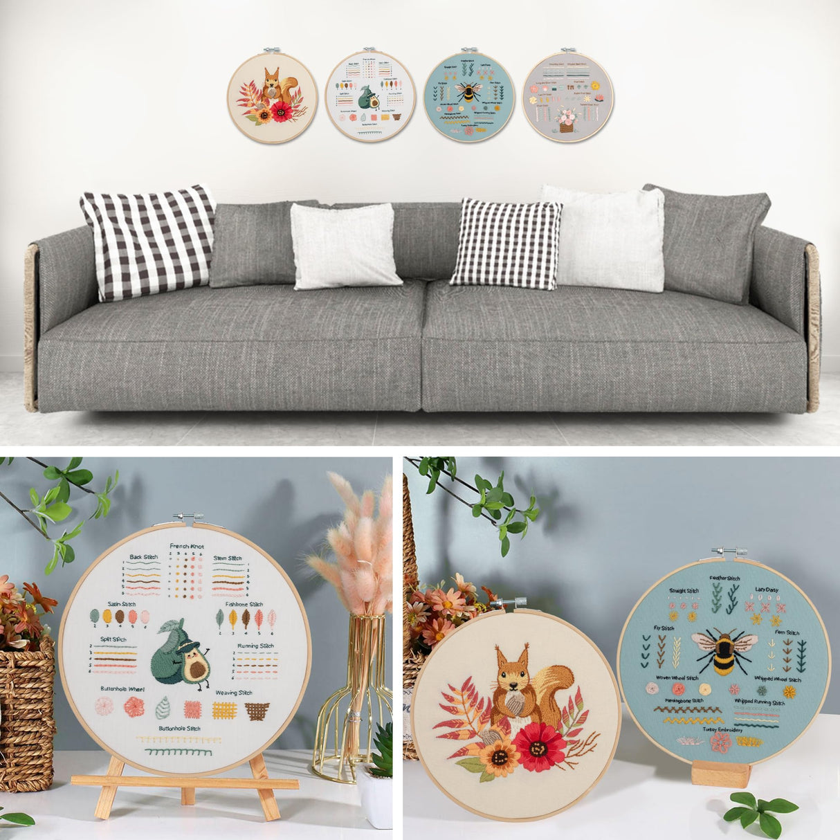 kasateri 4 Sets Beginner Embroidery Kit, Embroidery Kit for Beginners Adults Easy Hand Embroidery with Tools Bamboo Hoop Stamped Cloth Starter Cross Stitch Kits Needlepoint Craft Kits for Adults kasateri