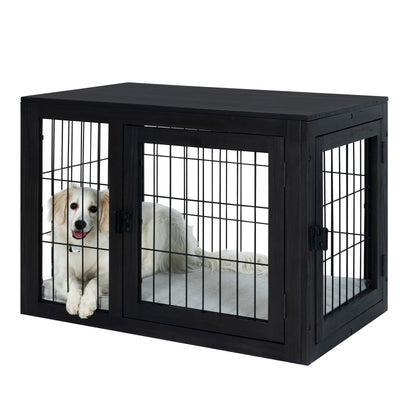 Furniture-Style Dog Crate - Acacia Wood Kennel for Medium Dogs with Double Doors and Cushion - Dog Cage Furniture by PETMAKER (Black)