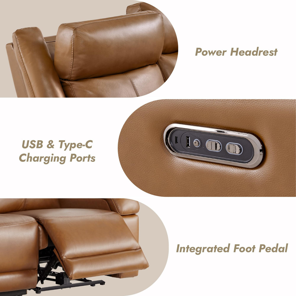 Watson & Whitely Genuine Leather Power Recliner Sofa, 3 Seater Wall Hugger Reclining Sofas with Power Headrest, USB & TypeC Ports, Electric Recliner Couch Set for Living Room, Saddle Brown Watson & Whitely
