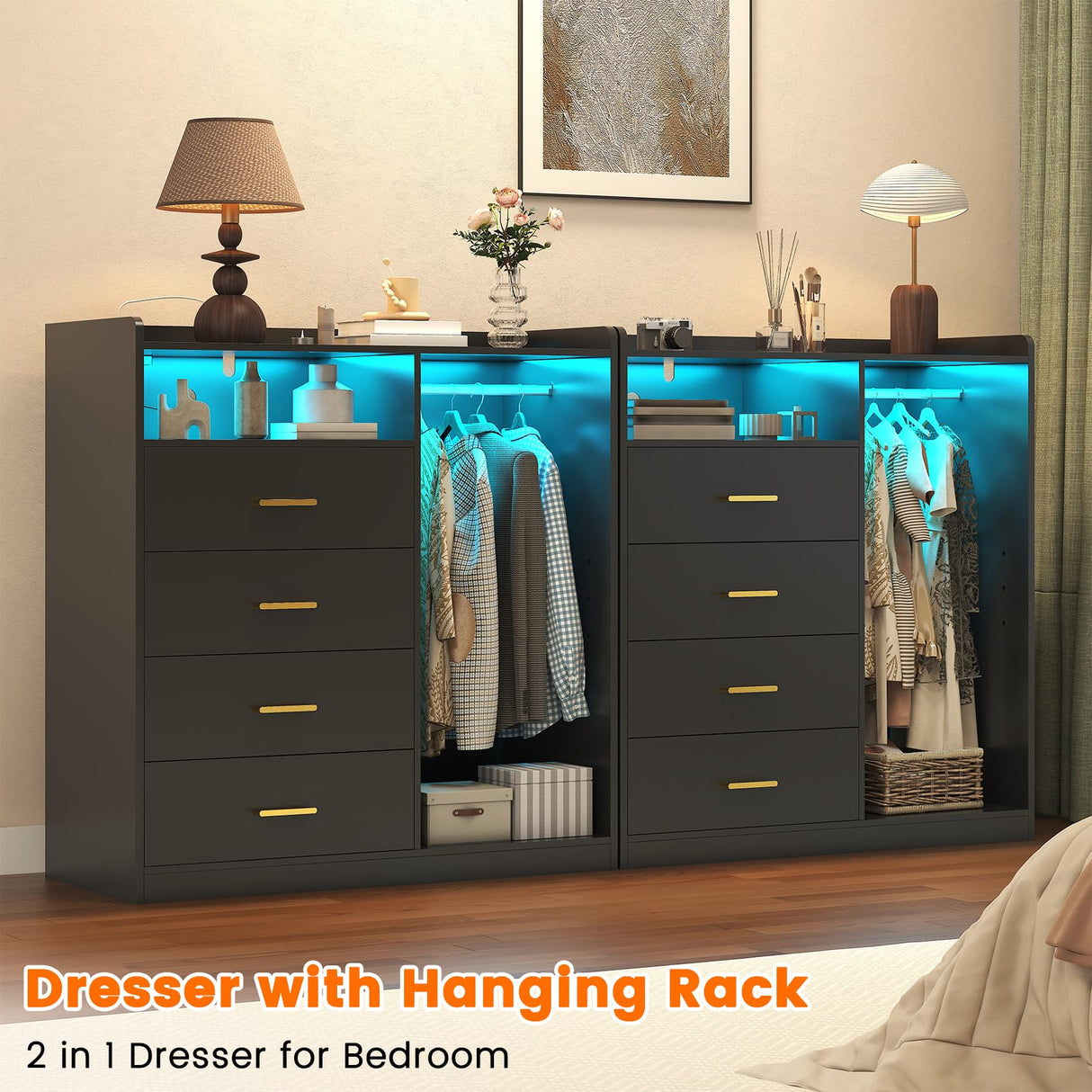 Bigbiglife Dresser with Clothes Rack for Bedroom Wood, 4 Drawer Dresser White with LED Lights and Power Outlet, 15.7" D x 43.3" W x 45.7" H, Tall Storage Chest of Drawers with Flexible Shelf,Black Bigbiglife