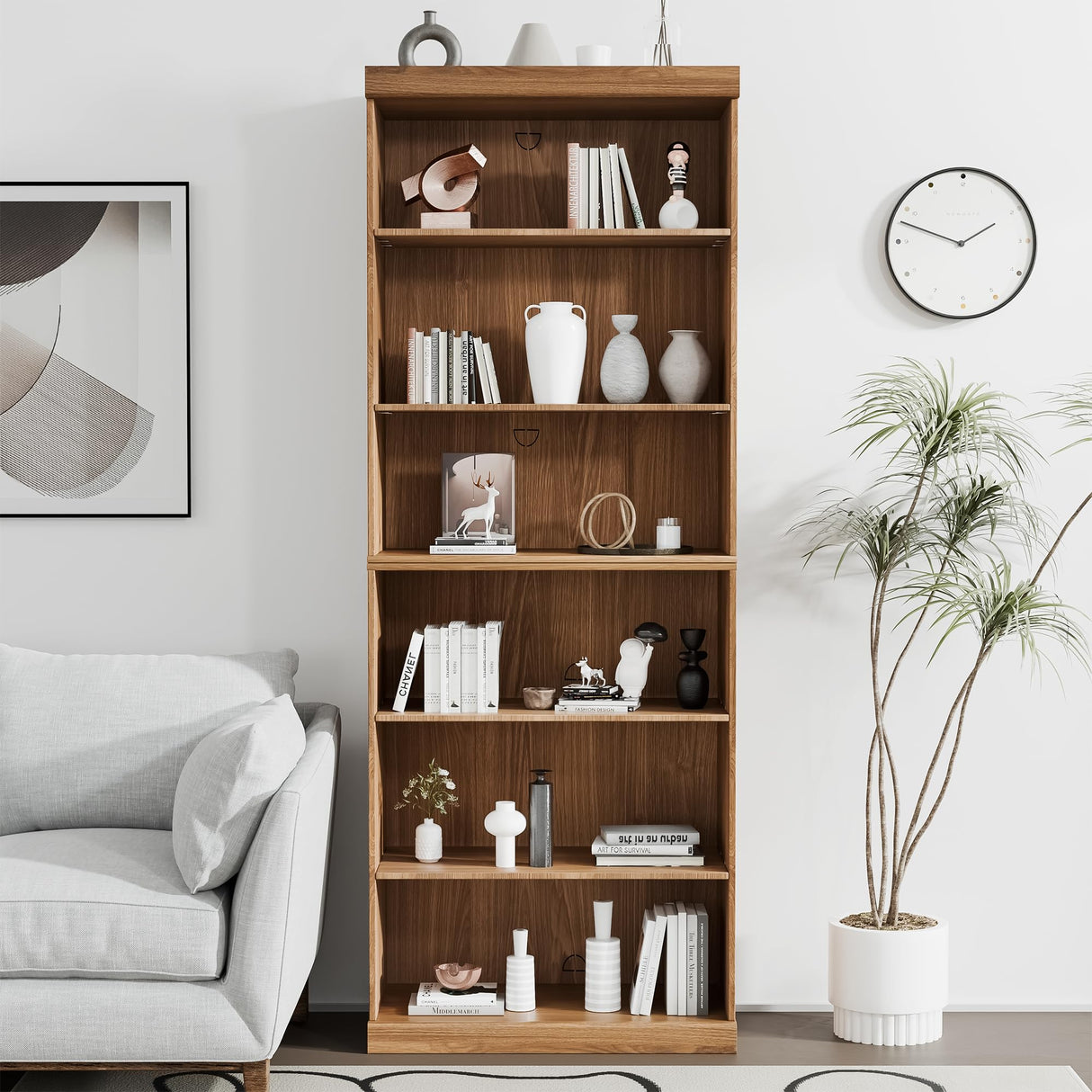 Casaphoria 82" H Wooden Bookcase, Heavy Duty Bookshelves, 6-Tier Wide Bookshelf with Large Storage Space for Home Office, 82" H x 31" W x 16" D, 130Lb, Oak Casaphoria