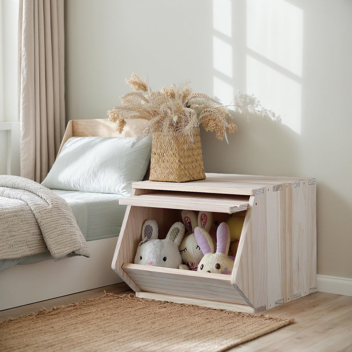 unununu Wooden Storage Small Toy Box with Lid,Stackable Solid Wood Organizer Chest,Entryway Storage Bin,Clothes Storage,Nightstand.for Bedroom,Playroom,Living Room.Side Flip-door,Top can Hold 300lbs unununu