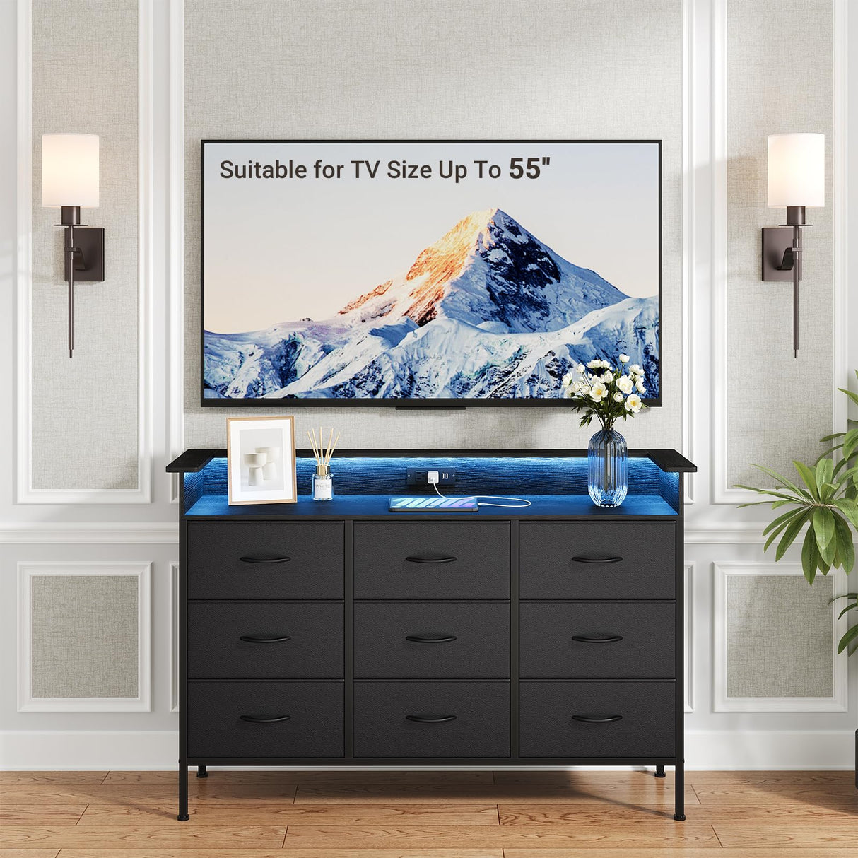 ELYKEN Black Dresser for Bedroom with LED Light & Charging Station, 9 PU Finish Fabric Drawers Dressers & Chest of Drawer with USB Outlet for for Entryway Closet Living Room Hallway ELYKEN