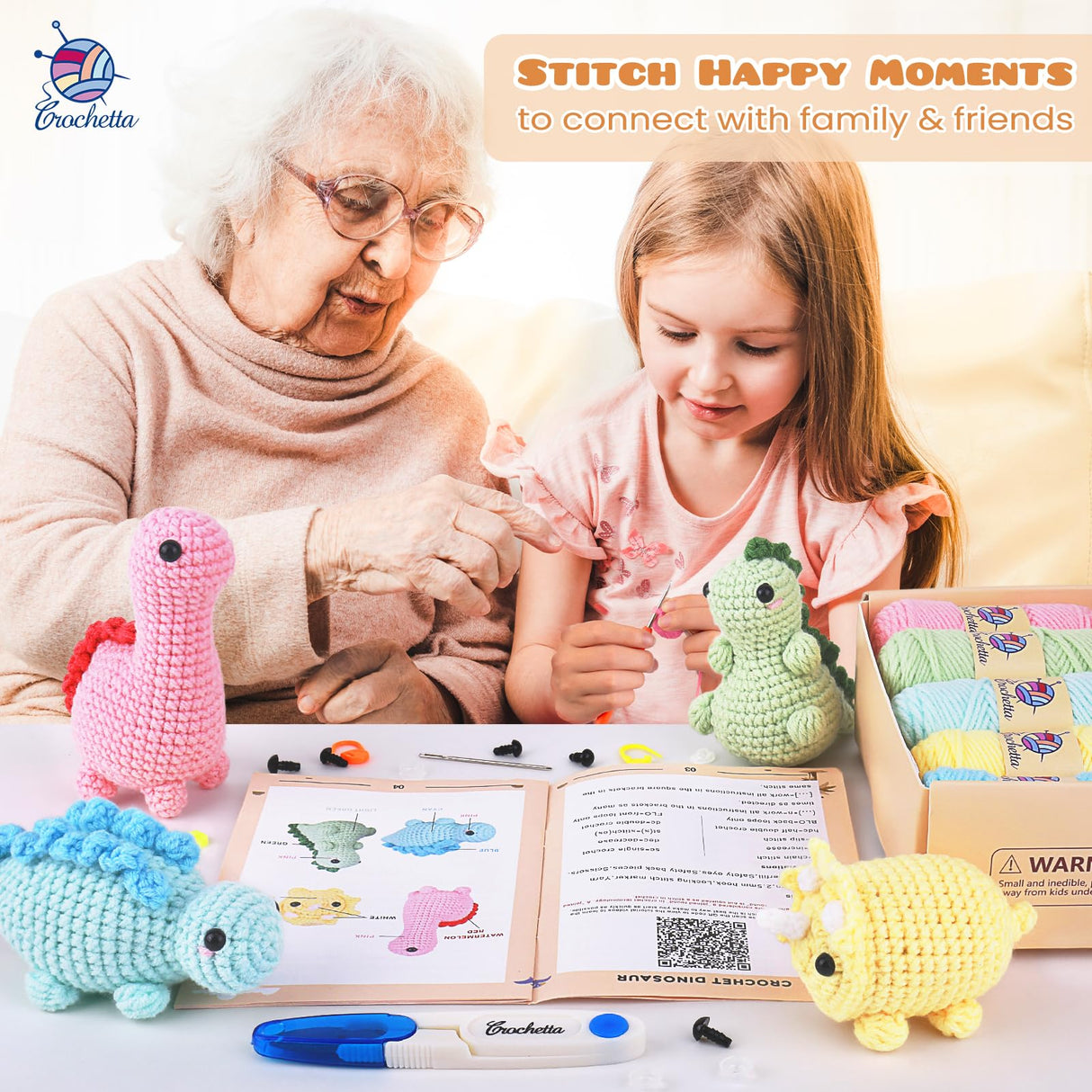 Crochet Kit for Beginners, Beginner Crochet Kit for Adults with Step-by-Step Video Tutorials, DIY Crochet Animal Kits Kids Knitting Supplies, 4 Pack Dinosaurs (40%+ Yarn) Crochetta