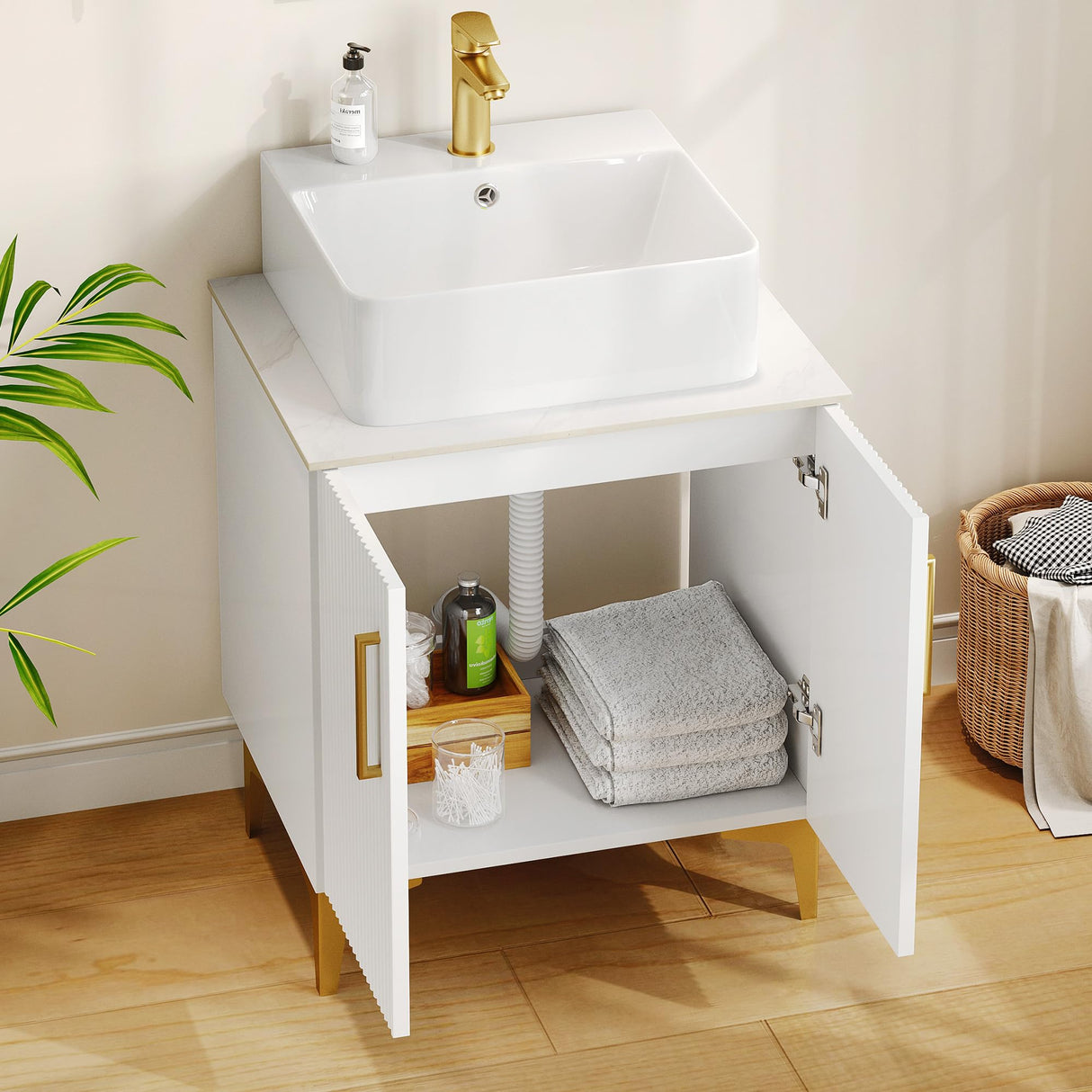 DWVO Bathroom Vanity 24 Inch with Counter Top Sink Combo, Modern Bathroom Storage Vanity Cabinet Set Included 2 Large Soft Closing Doors, Drain, Gold Handles & Legs, White DWVO