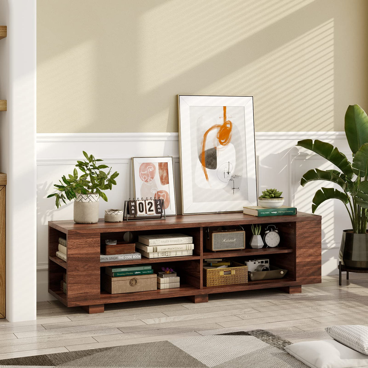 Tangkula Wood TV Stand for TVs up to 65 Inch Flat Screen, Modern Entertainment Center with 8 Open Shelves, Universal TV Storage Cabinet for Living Room Bedroom, TV Console Table (Walnut) Tangkula