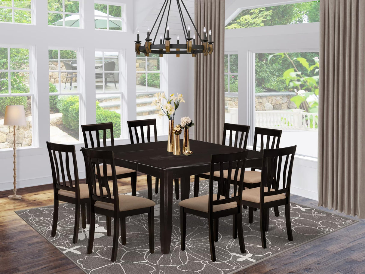 East West Furniture PFAN9-CAP-C 9 Piece Modern Dining Table Set Includes a Square Wooden Table with Butterfly Leaf and 8 Linen Fabric Dining Room Chairs, 54x54 Inch, Cappuccino East West Furniture