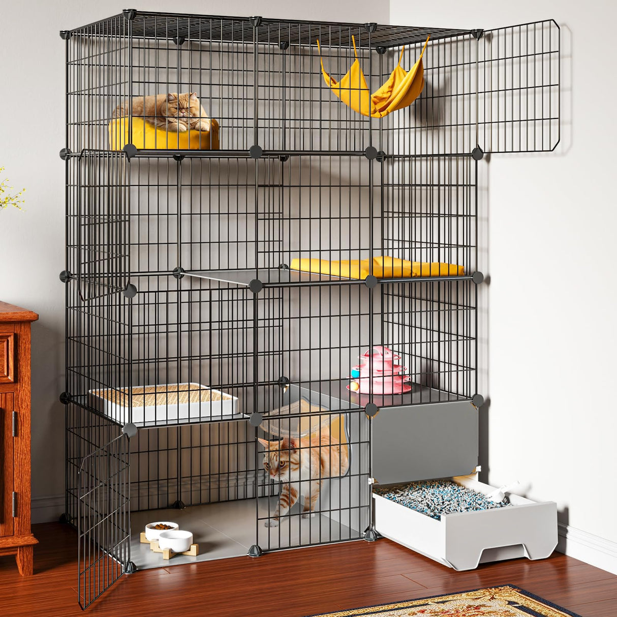 Oneluck Cat Cage with Litter Box,4-Tier DIY Cat Enclosures Large Playpen Detachable Metal Wire Kennel Indoor Crate Large Exercise Place Ideal for 1-2 Cat,41.3" L x 17.8" W x 55.1" H Oneluck