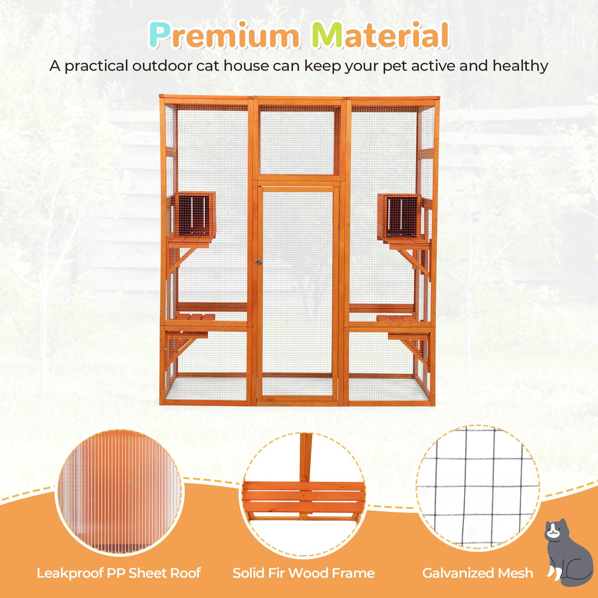 COZIWOW 70" Wooden Extra Large Outdoor Cat Cage Catio with Perche&Condo, Assembled Play Run Cat Enclosure Indoor Kitty Window Kennel with Waterproof Roof, 7 Platforms & 2 Resting Box(Orange) COZIWOW
