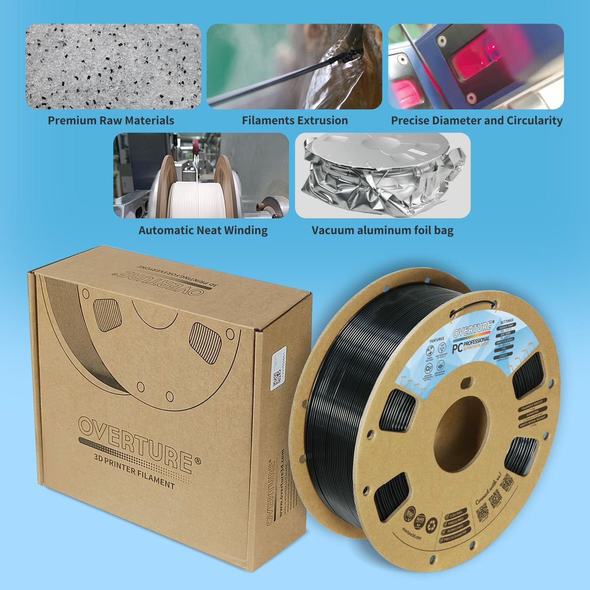 OVERTURE Tough PC Professional Filament, Cardboard Spool, 1kg(2.2lbs), Dimensional Accuracy Probability +/- 0.02mm, Fit Most FDM Printer (Black) OVERTURE