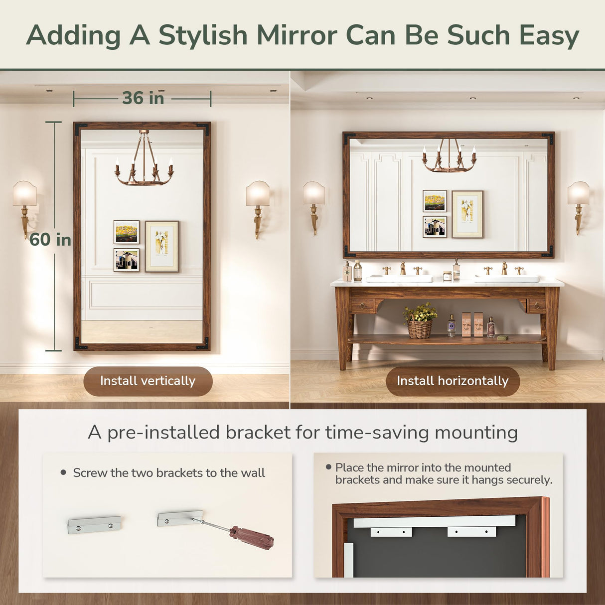 TokeShimi 60x36 Inch Rustic Wooden Framed Bathroom Mirror Over Sink, Pine Wood for Farmhouse Mirror, Water-Proof, French Cleats Installation, HD-Reflection and Shatter-Proof Glass TokeShimi