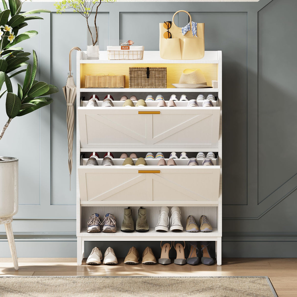 spanspace Freestanding Shoe Storage Cabinet for Entryway, Farmhouse Shoe Rack Cabinet with Open Shelf & 2 Flip-Drawer, Metal Legs for Hallway spanspace